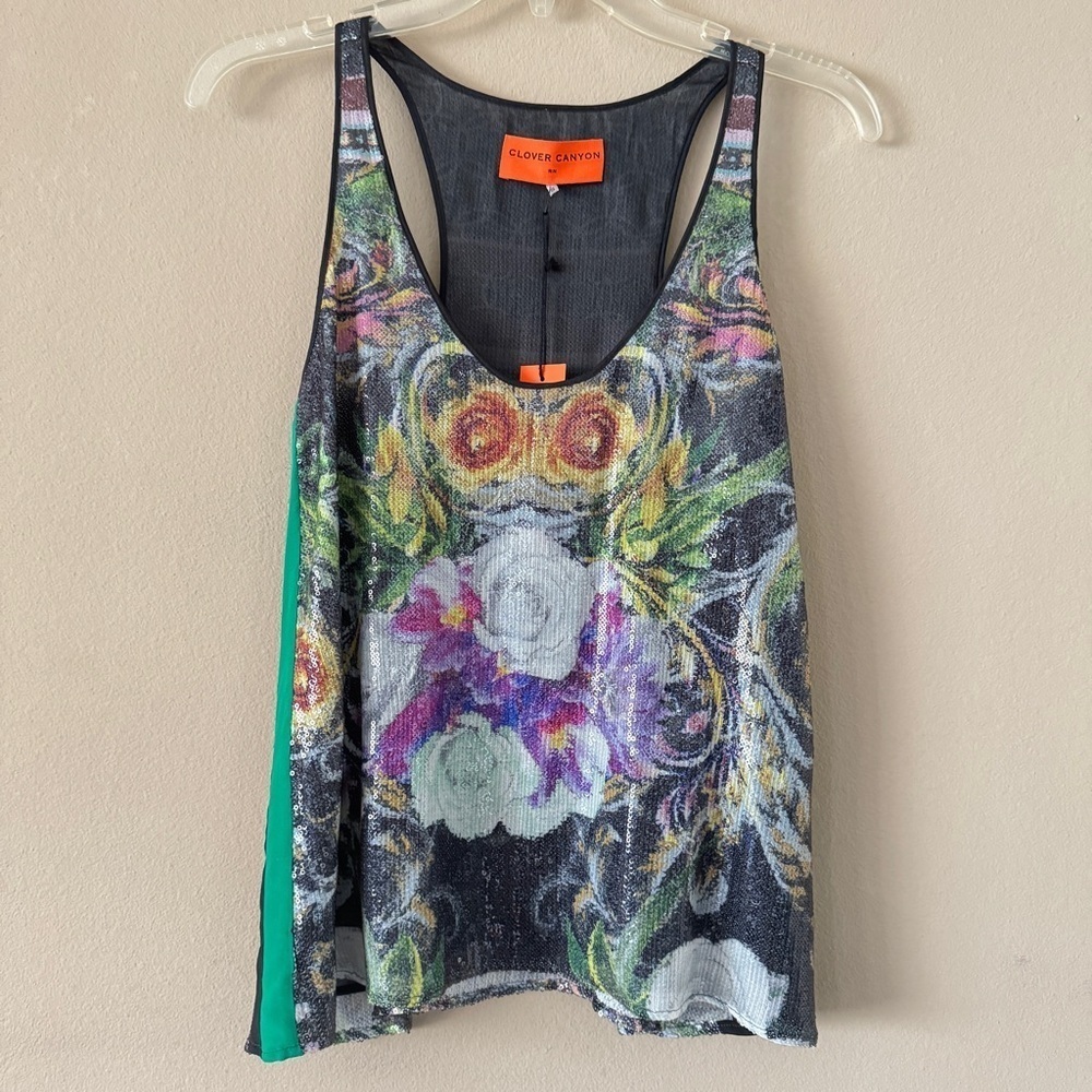 NWT Clover Canyon Baroque Rose Scarf Sequin Sleeveless Top Size S